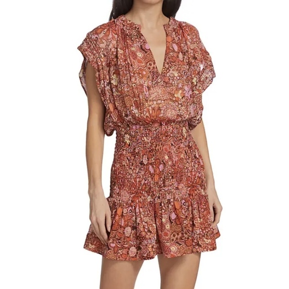NWT A.L.C. Carly Smocked Print Silk Mini Dress in Sorbet Multi Sz. 10 - Picture 14 of 15